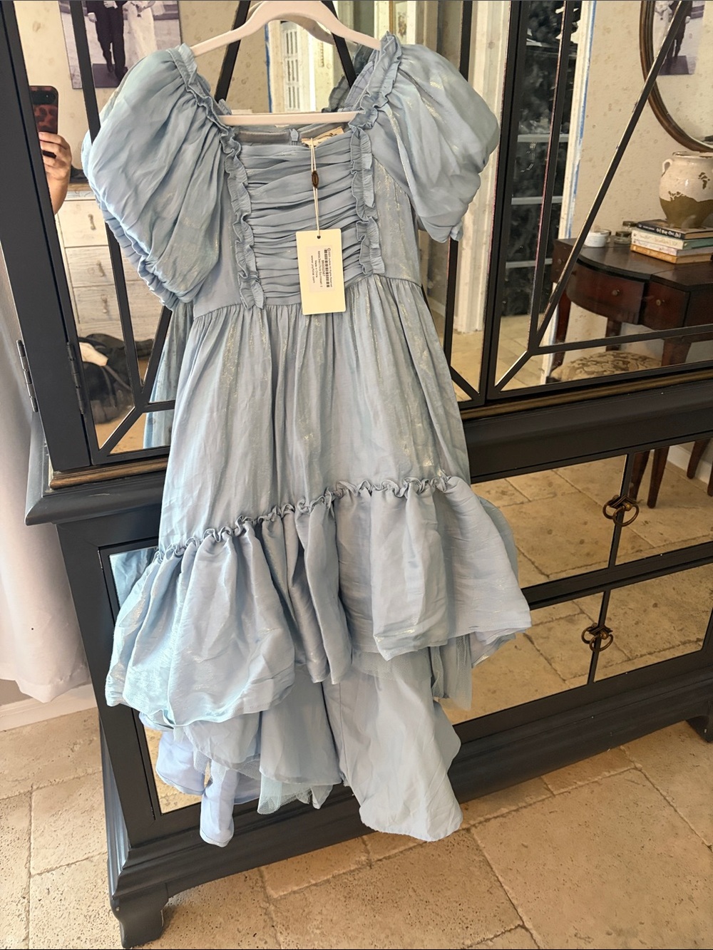 Joyfolie Light Blue Ruffle Puff-Sleeve Formal Dress